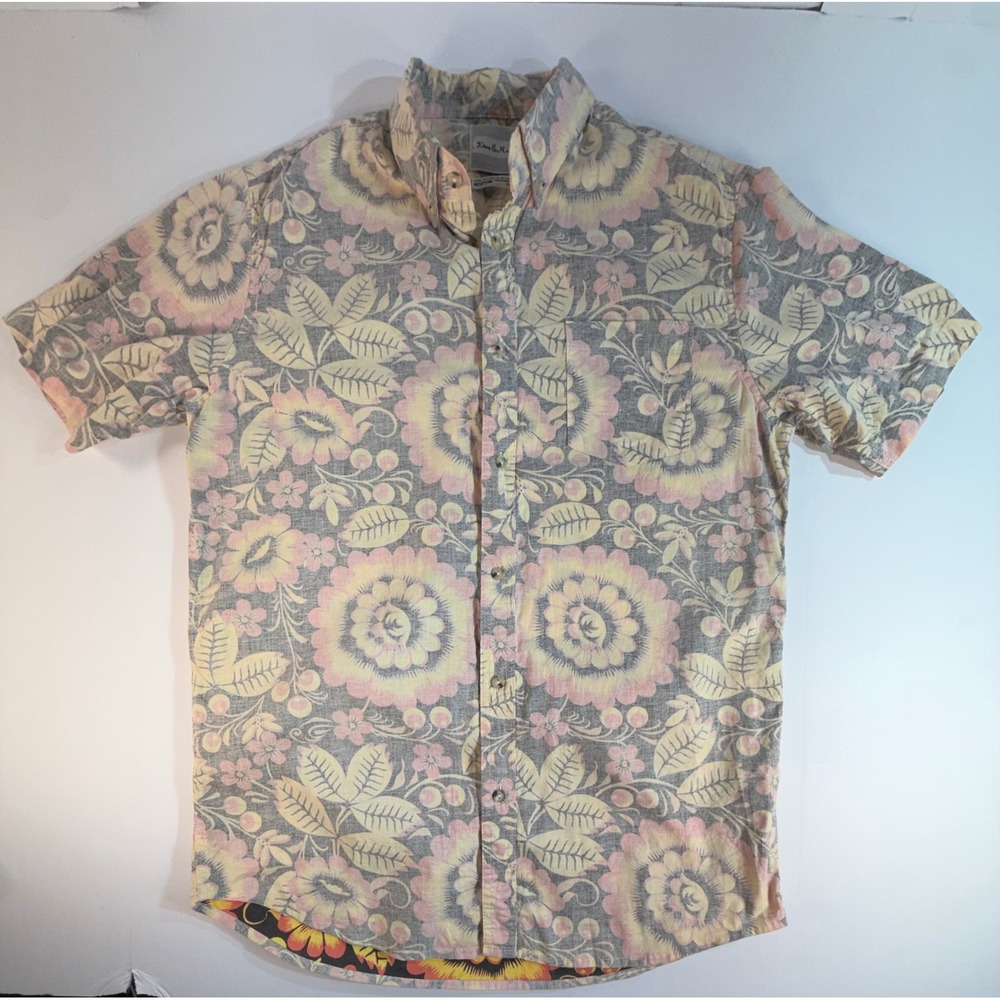 Deus Ex Machina Mens Medium Short Sleeve Floral Button Down Shirt Pink Yellow